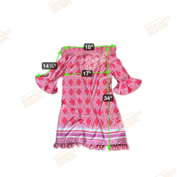 CABANA LIFE Coral Geo Off Shoulder Shift Dress 50SPF Bell Sleeve Tassels Sz M - Picture 11 of 13